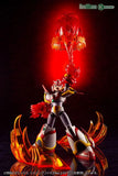 Mega Man X in red, yellow, and white armor shooting blast effect into air